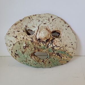 Artist Signed Ceramic Mask with Lava Glaze Green and Cream